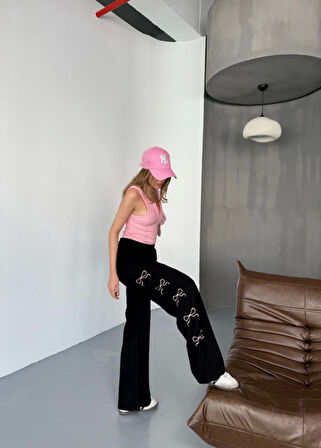 Osy Modal Yumuşak Dokulu Kumaş Nakış Işlemeli Rahat Bol Paça Eşofman Pantalon - Siyah