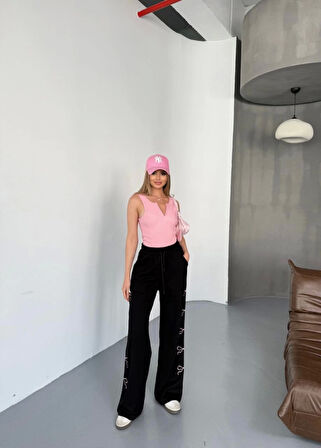 Osy Modal Yumuşak Dokulu Kumaş Nakış Işlemeli Rahat Bol Paça Eşofman Pantalon - Siyah