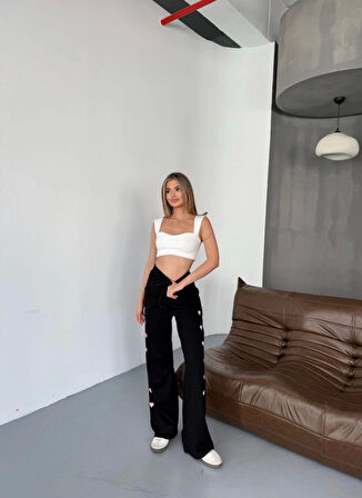 Osy Modal Yumuşak Dokulu Kumaş Nakış Işlemeli Rahat Bol Paça Eşofman Pantalon - Siyah