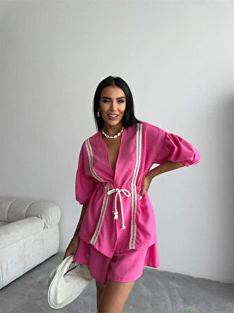 KETEN BEL BÜZGÜLÜ BLUZ-PANTOLON TAKIM - Fuşya