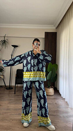 Desenli Saten Bol Takım - İndigo