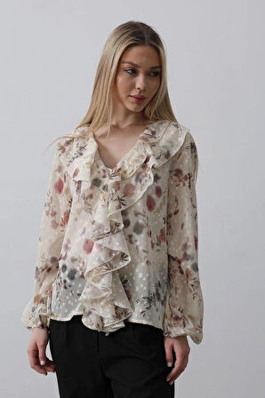 Volanlı Çiçek Desen Şifon Gömlek - Krem