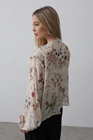 Volanlı Çiçek Desen Şifon Gömlek - Krem