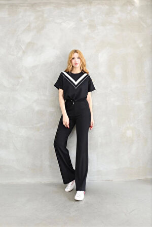 Osy Modal Yumuşak Dokulu Kumaş Bisiklet Yaka Parçalı Detaylı Kısa Kollu Takım - Siyah