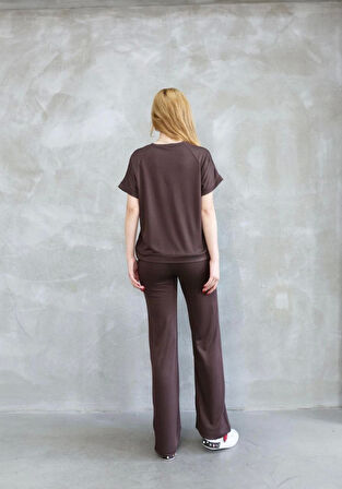 Osy Modal Yumuşak Dokulu Kumaş Bisiklet Yaka Kısa Kollu Takım - Kahverengi