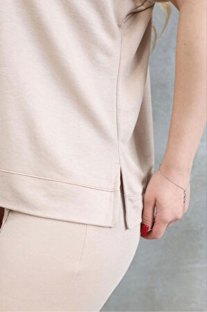 Osy Modal Yumuşak Dokulu Kumaş Bisiklet Yaka Kısa Kollu Takım - Bej