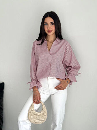 Arkası Asimetrik Yırtmaç Kesim Detaylı Cizgili Bluz Gömlek - Bordo