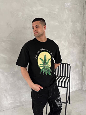 Ön Ve Arka Baskılı Oversize Bisiklet Yaka T-shirt- Siyah