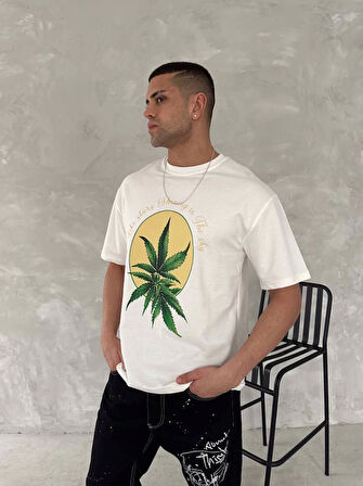 Ön Ve Arka Baskılı Oversize Bisiklet Yaka T-shirt- Beyaz