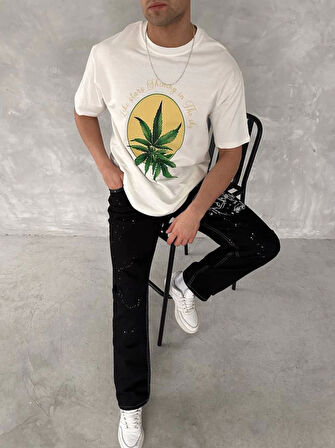 Ön Ve Arka Baskılı Oversize Bisiklet Yaka T-shirt- Beyaz