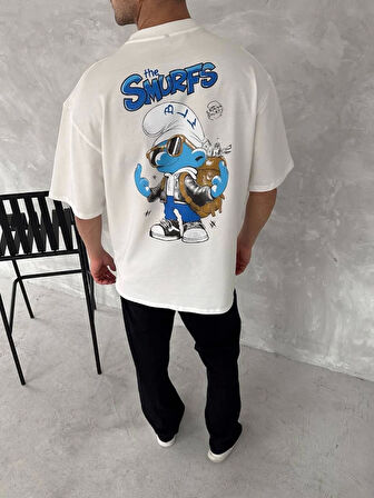 Ön Ve Arka Baskılı Oversize Bisiklet Yaka T-shirt- Beyaz