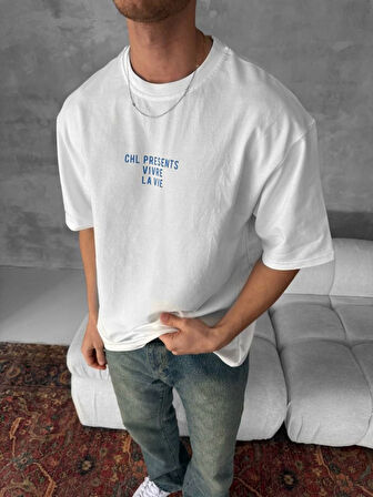 Ön Ve Arka Baskılı Oversize Bisiklet Yaka T-shirt- Beyaz
