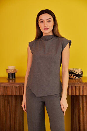 Gri Sıfır Kol Düğmeli Gömlek Takım