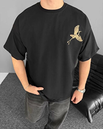 Ön Ve Arka Baskılı Oversize Bisiklet Yaka T-shirt - Siyah