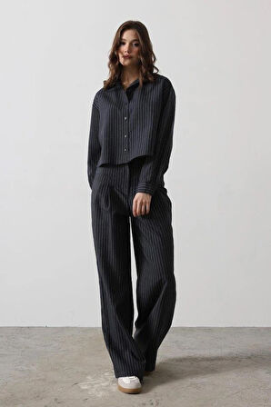 Çizgili Gömlek Pantolon Takım - Lacivert
