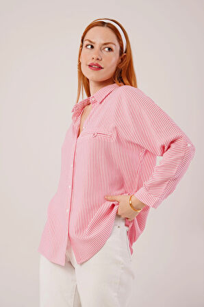 Cep Detay Çizgili Oversize Pembe Gömlek
