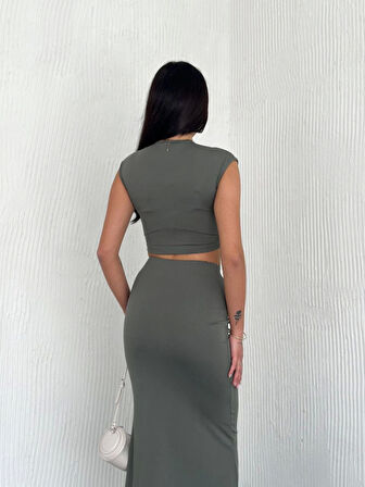Osy Modal Yumuşak Dokulu Kumaş Büzgülü Crop Etek Takım - Mint Yeşili