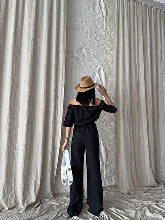KETEN MADONNA YAKA KOL HASIR ŞERİT - PANTOLON TAKIM - Siyah