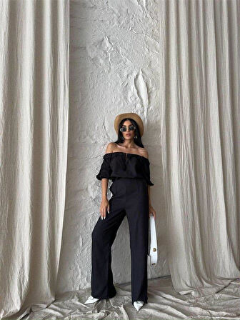 KETEN MADONNA YAKA KOL HASIR ŞERİT - PANTOLON TAKIM - Siyah