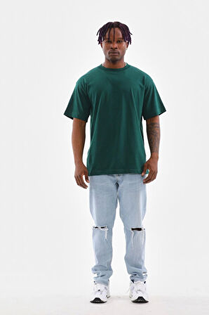 Unisex Oversize Düz Bisiklet Yaka T-Shirt - Koyu Yeşili