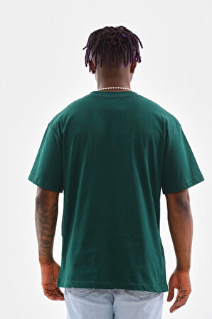 Unisex Oversize Düz Bisiklet Yaka T-Shirt - Koyu Yeşili