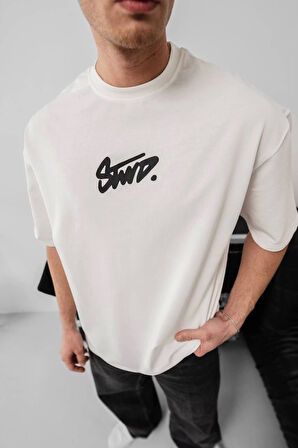 Erkek Baskılı Oversize T-shirt - Beyaz