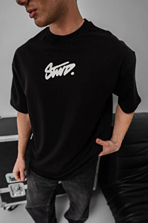Erkek Baskılı Oversize T-shirt - Siyah