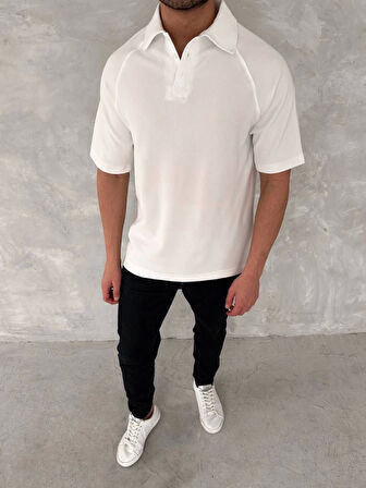 Yakalı Patlı Kısa Kol T-shirt - Beyaz