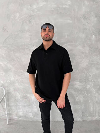 Yakalı Patlı Kısa Kol T-shirt - Siyah
