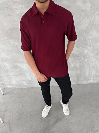 Yakalı Patlı Kısa Kol T-shirt - Bordo