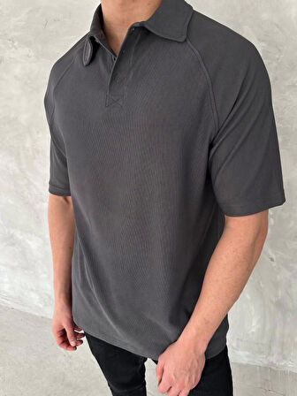 Yakalı Patlı Kısa Kol T-shirt - Antrasit