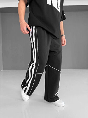 İki İplik Kumaş Şeritli Alt Esofman - Siyah