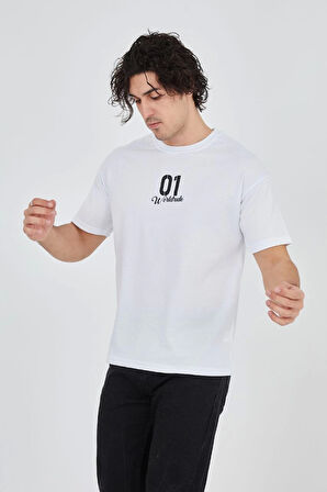 Erkek Bisiklet Yakalı Baskılı T-Shirt - Beyaz