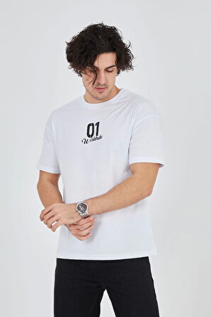 Erkek Bisiklet Yakalı Baskılı T-Shirt - Beyaz