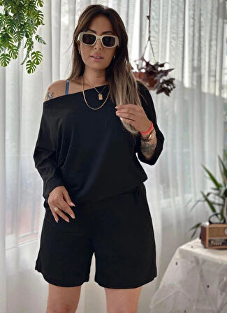 Kadın Kayık Yaka Oversize Asimetrik Bluz Ve şort Iki Iplik Takım