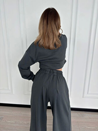 Uzun Kollu Önü İp Büzgülü Crop Ve Pantolon İkili Takım - Antrasit