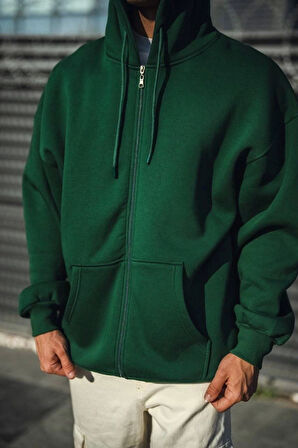 Oversize Tam Fermuarlı Uzun Kol Hırka - Haki