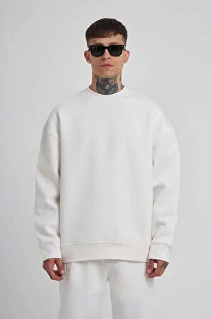 Unisex Biskilet Yaka Üç İplik SweatShirt - Beyaz