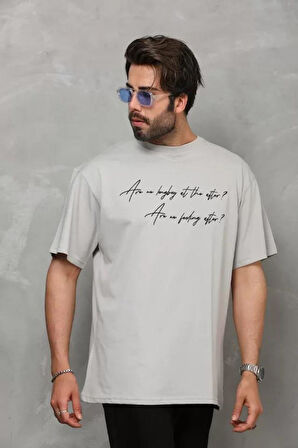 Unisex Bisiklet Yaka Baskılı Oversize T-Shirt - Gri