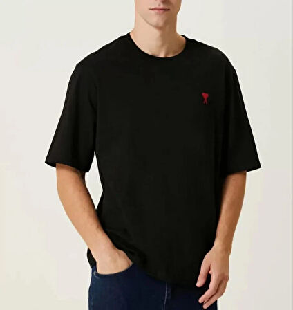 Unisex Bisiklet Yaka Baskılı Oversize T-Shirt - Siyah