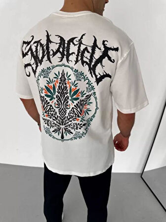 Unisex Bisiklet Yaka Baskılı Oversize T-Shirt - Beyaz