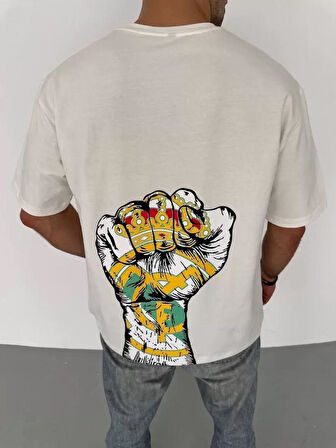 Unisex Bisiklet Yaka Baskılı Oversize T-Shirt - Beyaz