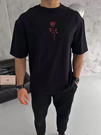 Unisex Bisiklet Yaka Baskılı Oversize T-Shirt - Siyah