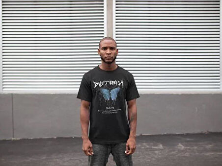 Unisex Bisiklet Yaka Baskılı Oversize T-Shirt - Siyah