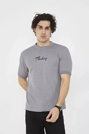 Unisex Bisiklet Yaka Slim Fit T-Shirt- Gri