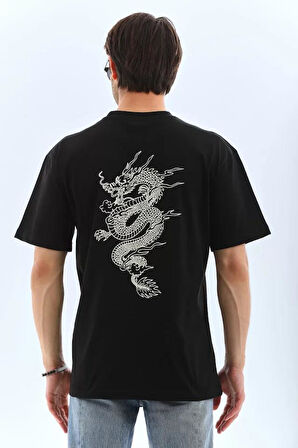 Unisex Oversize Baskılı Bisiklet Yaka T-Shirt - Siyah