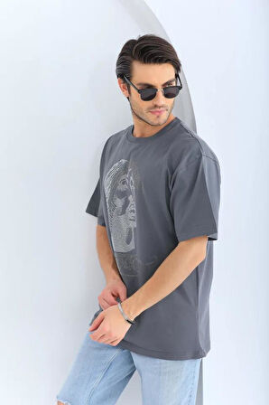 Unisex Oversize Taşlı Bisiklet Yaka T-Shirt - Füme