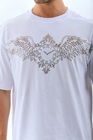 Unisex Oversize Taşlı Bisiklet Yaka T-Shirt - Beyaz