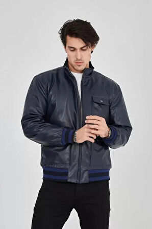 Erkek Fermuarlı İçten Elyaf Ve Astarlı Suni Deri Ceket - Lacivert
