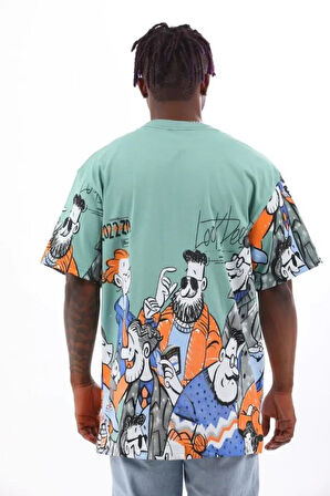 Unisex Oversize Baskılı Bisiklet Yaka T-Shirt - Mint Yeşili